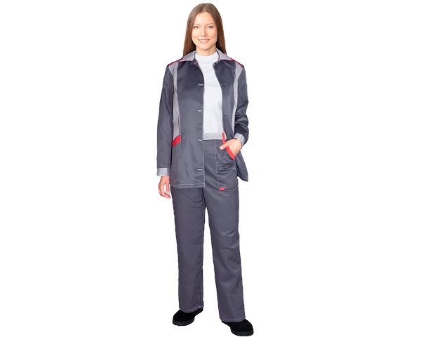 Костюм "Золушка" женский: куртка, брюки темно-серый со св.-серым и кр. отделкой