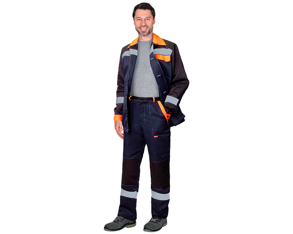 Костюм "ПРОФИЛЬ": куртка, брюки синий с черным и оранжевой отделкой с СОП 50 мм